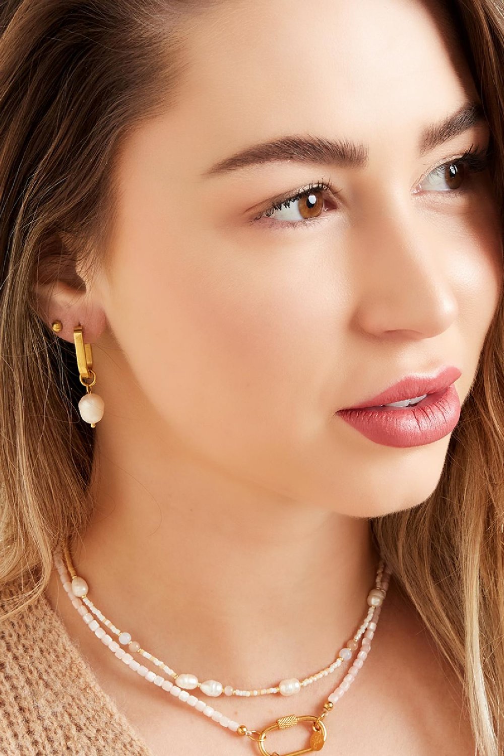 Collier perlé avec perles Rose Acier inoxydable h5Image2